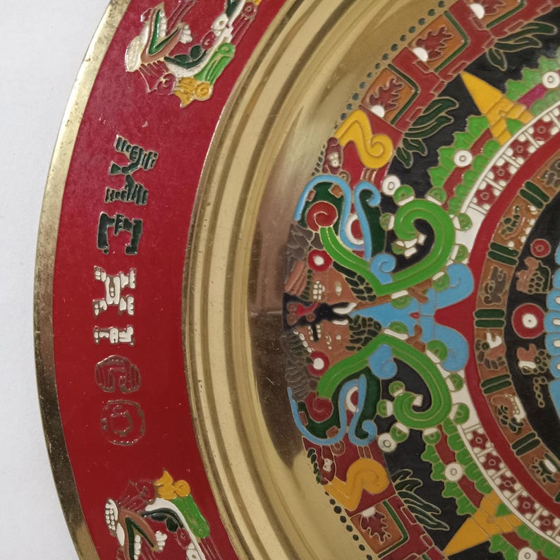 Vintage Mexican Mayan Aztec Brass Enamel Calendar Wall Hanging Plate 11 ...