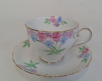 Vintage Tuscan English Fine Bone China Floral Rose Tea Cup Saucer Set Pink Blue