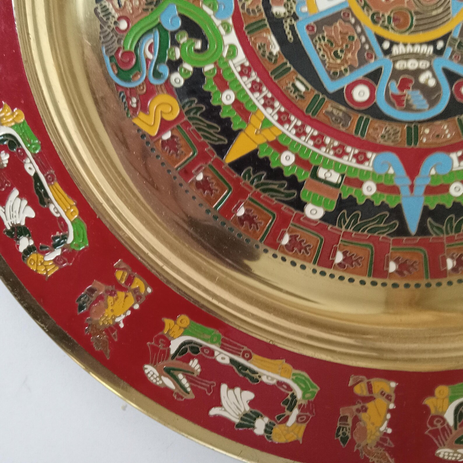 Vintage Mexican Mayan Aztec Brass Enamel Calendar Wall Hanging Plate 11 ...