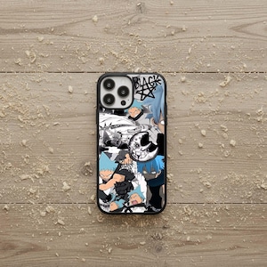May include: Black phone case with a collage of anime-style illustrations in black, white, and blue. The word "BLACK" is printed in bold letters at the top, with a star graphic. The case has a black border and a glossy finish.