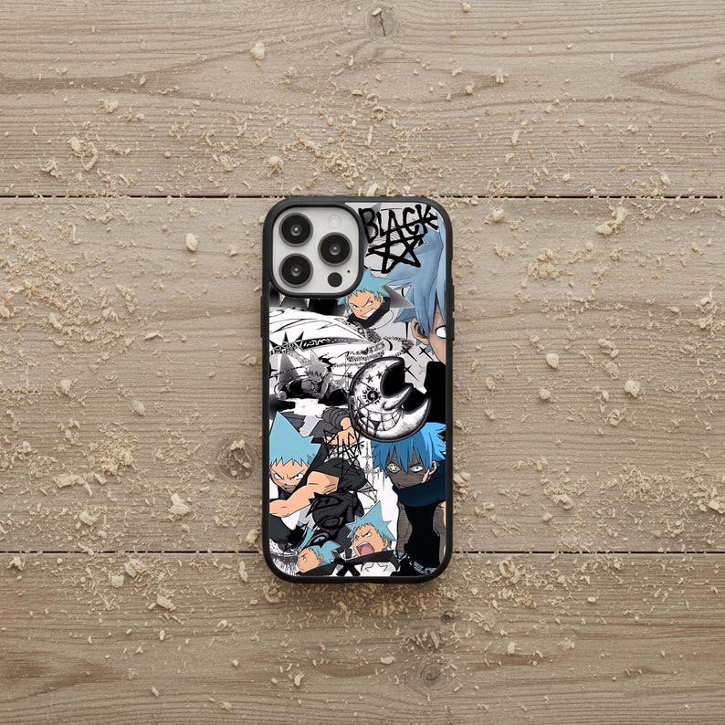 May include: Black phone case with a collage of anime-style illustrations in black, white, and blue. The word "BLACK" is printed in bold letters at the top, with a star graphic. The case has a black border and a glossy finish.
