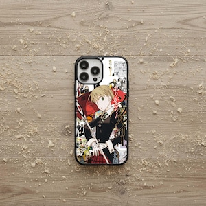 May include: Black phone case featuring a colorful anime-style collage. The design includes a central image of a character in a black uniform holding a flag, surrounded by other manga panels and Japanese text.