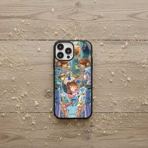 May include: Black phone case featuring a colorful anime-style illustration. The artwork depicts several characters in a fantasy setting with a variety of colors, including blue, red, and brown. The case has a black border and a glossy finish.