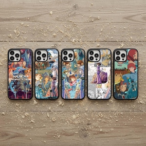 May include: Five phone cases with colorful anime-style artwork. Each case features a different design with characters and scenes from the animated film. The cases are black with a glossy finish and are arranged on a wooden surface.