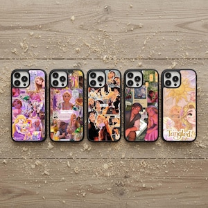 May include: Five black phone cases with colorful collage designs featuring characters and scenes from the animated movie "Tangled." The cases are arranged on a light brown wooden surface.