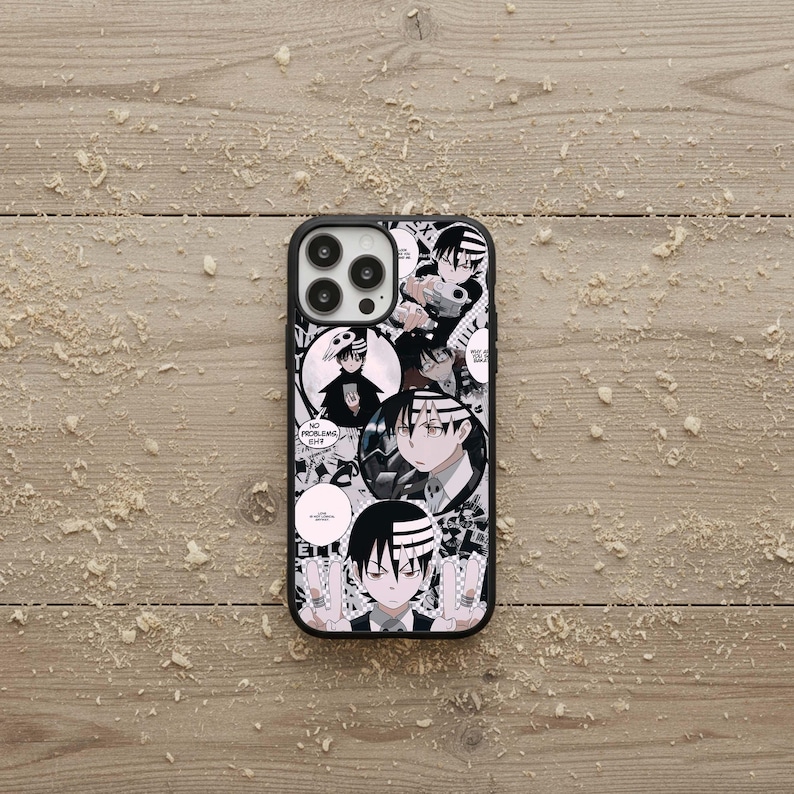May include: Black and white phone case featuring anime-style illustrations. The case has a black border and a design with multiple character portraits and speech bubbles. The overall theme is manga and anime.