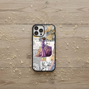 May include: Black iPhone case with a collage design featuring anime-style illustrations in shades of purple, yellow, and white. The case has a black border and a glossy finish, showcasing a unique artistic aesthetic.