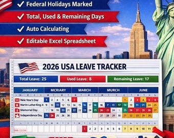 2026 Urlaubsplaner - Excel PTO Planer, US Feiertage, Urlaub, Kranktage (digitaler Download)