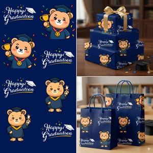 May include: A selection of graduation-themed products. The image shows gift wrap, gift bags, and stickers, all decorated with a cartoon bear in a graduation gown and the words "Happy Graduation". The bear is holding a diploma and a trophy.