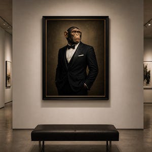 May include: A framed portrait of a chimpanzee in a black tuxedo with a bow tie, displayed in an art gallery. The artwork is the focal point, with a dark background and gold trim. A black bench sits below the artwork.