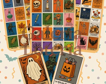 Loterie d&#39;Halloween – 20 tablas + 54 cartes de visite | Bingo mexicain | Jeu de société imprimable | Téléchargement numérique