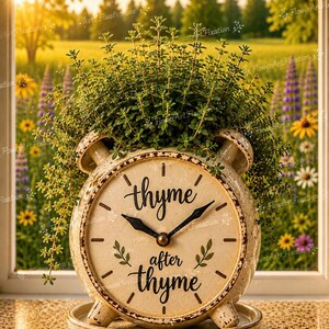 May include: A cream-colored ceramic planter shaped like an alarm clock with a distressed finish. The clock face features the black text "thyme after thyme" with small green leaf accents. A lush green thyme plant grows out of the top of the planter.