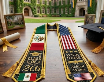 Custom Dual Flag Graduation Stole, Personalized  Senior Sash with Name School Year, Cultural Class of Stole Gift for Ceremony