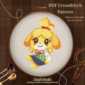 Peut inclure: Un motif de point de croix PDF avec un personnage de chien de dessin animé dans un cercle à broder en bois. Le motif mesure 20 x 20 cm. Le texte "PDF CrossStitch Pattern" est en haut, et l'adresse e-mail de la boutique est en bas.