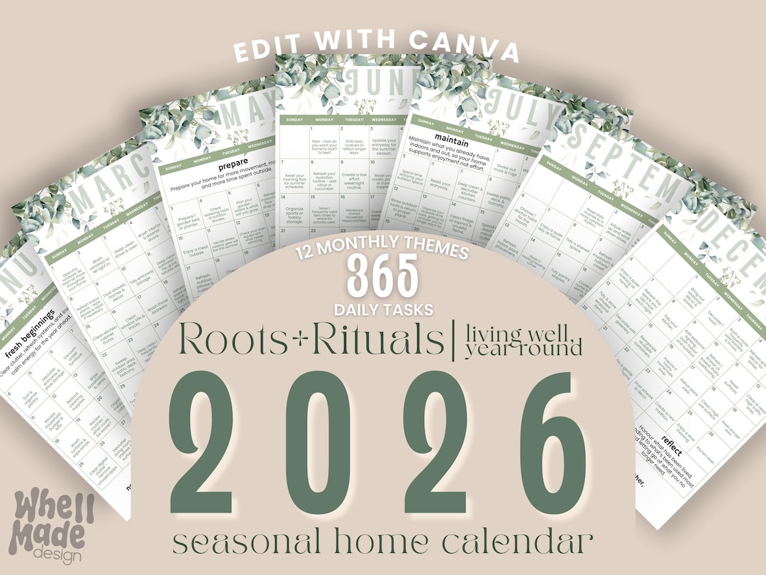 Editable Seasonal Home Calendar | One Daily Task | 12-month Intentional ...