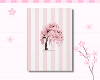 Cuaderno de tapa dura con diseño de cerezo rosa y rayas