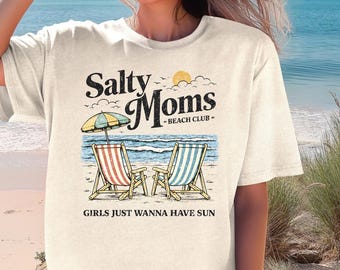 Retro Salty Moms Beach Club Shirt, Coastal Summer Outfit, Tropical Vacation Graphic Tee