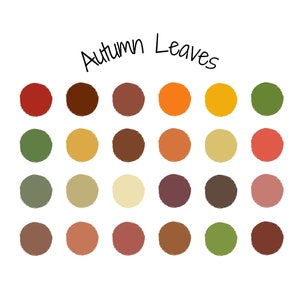 Op de afbeelding: Een kleurenpalet van 20 cirkels in verschillende tinten rood, oranje, geel, groen, bruin en beige. De titel "Autumn Leaves" staat boven de cirkels.
