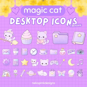 Puede incluir: Un conjunto de iconos de escritorio de colores pastel con un tema de gato mágico. Los iconos incluyen un gato en una escoba, una magdalena, un libro, una carpeta, una cámara y más. El texto "magic cat DESKTOP ICONS + 38 icons" se muestra en la parte superior.