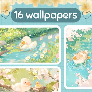 Flower Ducks Wallpaper Pack: Kawaii Desktop & Phone Backgrounds (Desktop Organizer, Digital Download)