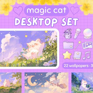 Könnte beinhalten: Ein digitales Desktop-Set mit lila Thema, mit dem Text "magic cat DESKTOP SET". Das Set enthält 22 Hintergrundbilder und 38 Symbole. Das Hauptbild zeigt eine glückliche Katze auf einem Feld, mit zusätzlichen Symbolen.