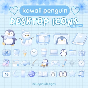 May include: A light blue digital art graphic featuring a collection of kawaii penguin desktop icons. The icons include a penguin, snowman, ice cube, folder, book, camera, ice cream, clock, and more. Text reads "kawaii penguin DESKTOP ICONS +38 icons".