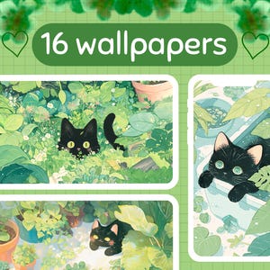 Könnte beinhalten: Digitale Kunst mit drei Bildern von schwarzen Katzen in grünen Gärten. Die Bilder sind weiß umrandet, mit dem Text "16 wallpapers" in einem grünen Banner. Die Katzen haben gelbe oder grüne Augen.