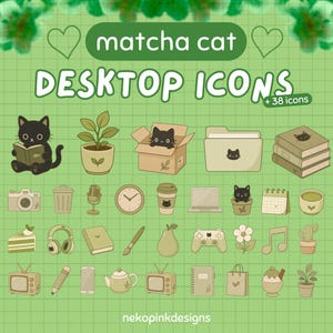 Può includere: Una collezione di simpatiche icone per desktop in stile cartone animato su sfondo a griglia verde. Le icone includono un gatto nero, libri, una fotocamera, una tazza di caffè, un laptop e altri oggetti. Il testo recita "matcha cat DESKTOP ICONS +38 icons".