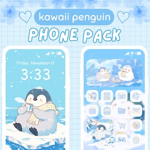 May include: A phone screen displays a "kawaii penguin PHONE PACK" theme. The lock screen shows a penguin with a scarf holding a mug. The home screen features penguin-themed app icons and a penguin illustration. The background is light blue.