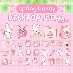 Pode incluir: Ícones de desktop rosa com tema de coelhinho da primavera. Os ícones incluem um coelhinho com uma flor, uma bola de lã, uma mochila, uma câmera e uma caixa de presente. O texto diz "spring bunny DESKTOP ICONS + 38 icons".