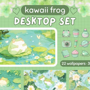 Peut inclure: Ensemble de bureau numérique sur le thème du kawaii frog. Il comprend 22 fonds d'écran et 38 icônes, avec un schéma de couleurs vert clair et blanc. L'image principale montre une grenouille sur une feuille de nénuphar.