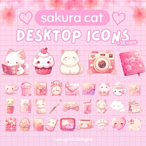 Puede incluir: Un conjunto de iconos de escritorio rosas con el tema "sakura cat". Los iconos incluyen un gato, una magdalena, una cámara, un libro y otras ilustraciones bonitas. El fondo es un patrón de cuadrícula rosa con acentos de flor de cerezo.