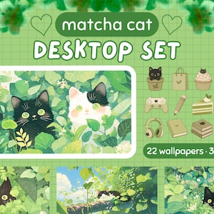 Puede incluir: Un conjunto de escritorio verde con el texto "matcha cat DESKTOP SET". El conjunto incluye 22 fondos de pantalla y 38 iconos, con ilustraciones de gatos, plantas y varios accesorios. La paleta de colores es principalmente verde y blanco.
