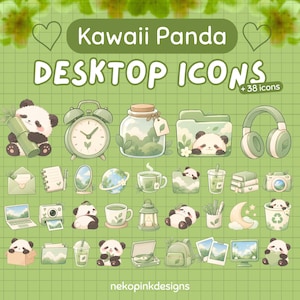 Puede incluir: Una colección digital de iconos de escritorio Kawaii Panda con 38 ilustraciones en tonos verdes, incluyendo pandas, un despertador, un frasco, auriculares, un portátil, una cámara y varios artículos de oficina sobre un fondo de cuadrícula.