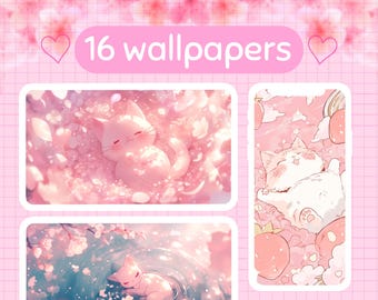 Rosa Kawaii-Katzen-Tapeten-Set: Niedliche Desktop- und Telefonhintergründe (Kawaii-Hintergründe, digitaler Download)