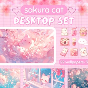 Könnte beinhalten: Ein rosa Desktop-Set mit dem Thema Sakura-Katze. Das Set enthält 22 Hintergrundbilder und 38 Symbole. Das Hauptbild zeigt eine Katze in einer floralen Umgebung, mit zusätzlichen Symbolen und Hintergrundbildern.
