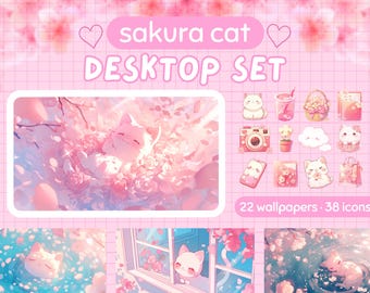 さくら猫 Lofi デスクトップセット、かわいいピンクのアイコン、デスクトップオーガナイザー（デジタルダウンロード）