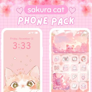 Pink Kawaii Cat iPhone Icon Set: kattentelefoonachtergronden + pictogrammen + widgets (digitale download)