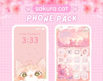 Pinke Kawaii Katze iPhone Icon Set: Katzen Handy Wallpapers + Icons + Widgets (Digitaler Download)