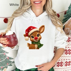 Faux Knit Reindeer with Santa Hat Hoodie | Christmas Sweatshirt
