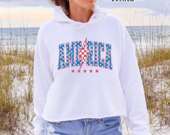 Amerika Crop Hoodie für Frauen | Patriotischer Blitz Hoodie | USA Flagge abgeschnitten Sweatshirt | Fourth of Jul Frauen Kapuzenpullover