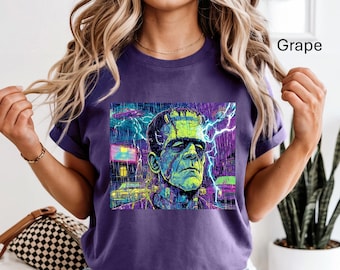 Maglietta di Frankenstein al neon / Maglietta grafica horror retrò / Maglietta con mostro gotico