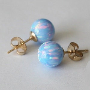 6mm or 8mm Ice blue opal ball stud earrings, Gold opal earrings 14K Gold filled opal earrings Blue opal studs Birthstone Light blue earrings