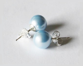 6mm, 8mm Light blue Swarovski pearl stud earrings- blue pearl stud  bridesmaid earrings Blue pearl earrings- Bridal party - Bridesmaid gifts