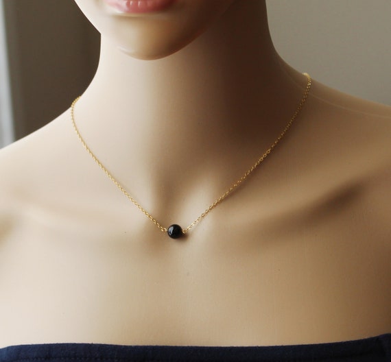 Single Bead Floating Necklace with Black Onyx Bead Sterling Silver Single Bead Floating Necklace with Black Onyx Bead Sterling Silver
