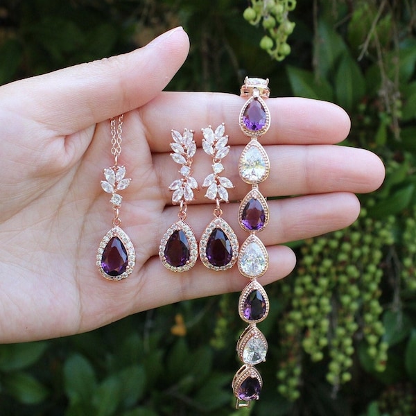 Boucles d'oreilles de mariée prune violet collier bracelet bijoux de mariage Boucles d'oreilles goutte feuille de mariée prune Boucles d'oreilles goutte prune cadeau de demoiselles d'honneur vin violet