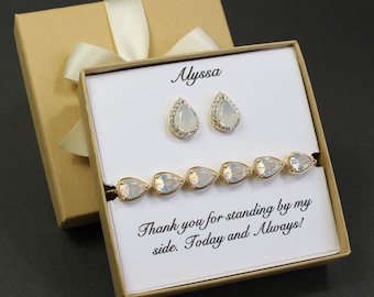 Custom White opal bridesmaid earrings bracelet set Bridesmaid necklace earrings set Opal jewelry gift bridesmaid jewelry White opal gift set