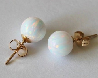 8mm, 10mm gold filled fire opal ball stud earrings Multiple colors Gold opal earrings Gold opal earrings, October birthday, Birthstone gifts