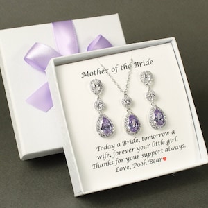 Presente de mãe personalizado Conjunto de mãe do noivo em lavanda Conjunto de presente para mãe da noiva Brincos de mãe roxo claro Conjunto de colar e brincos para mãe