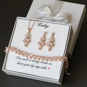 Personalized bridesmaid gift Wedding earrings necklace bracelet SET bridal earrings bridesmaid jewelry CZ drop earrings Rose gold Silver set